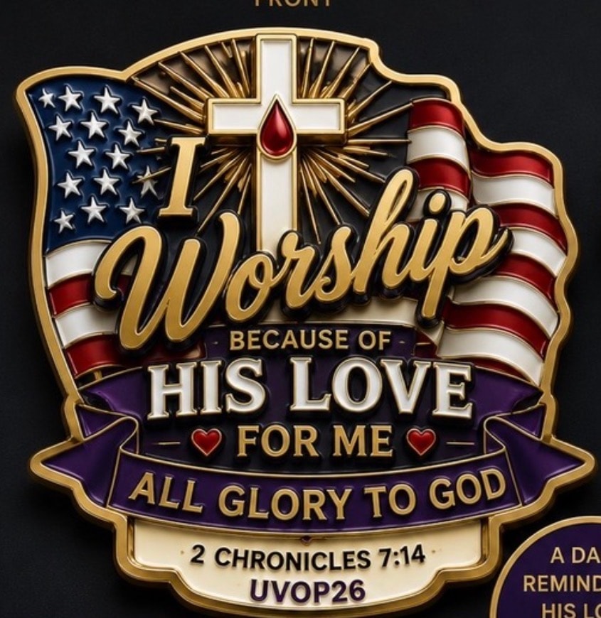 UVOP26 Commemorative Pin — I Worship Because of His Love For Me. All Glory to God. 2 Chronicles 7:14.