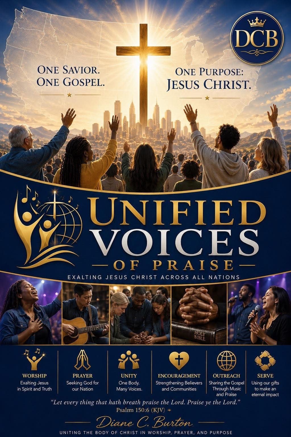 A diverse group of believers with hands raised in joyful worship together