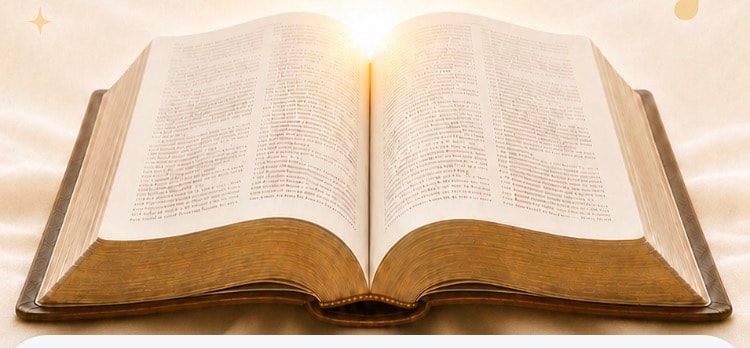 Open Bible with praying hands, cross, dove, and golden light rays